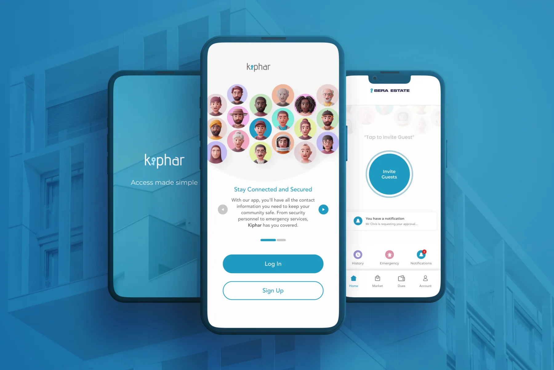 Kiphar app onboarding shown on three phones against a blue backdrop