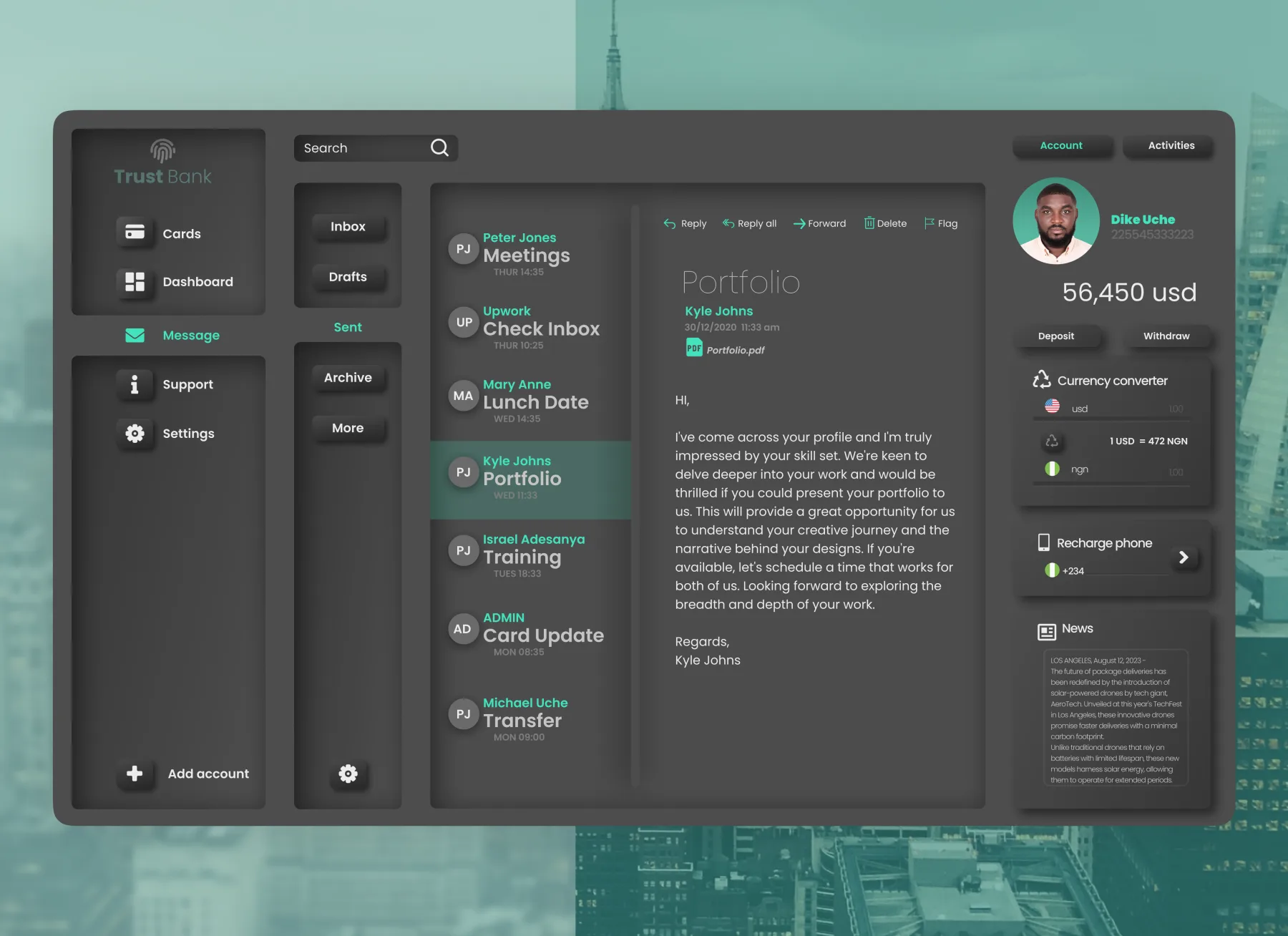Trust Bank dark mode dashboard with messaging view