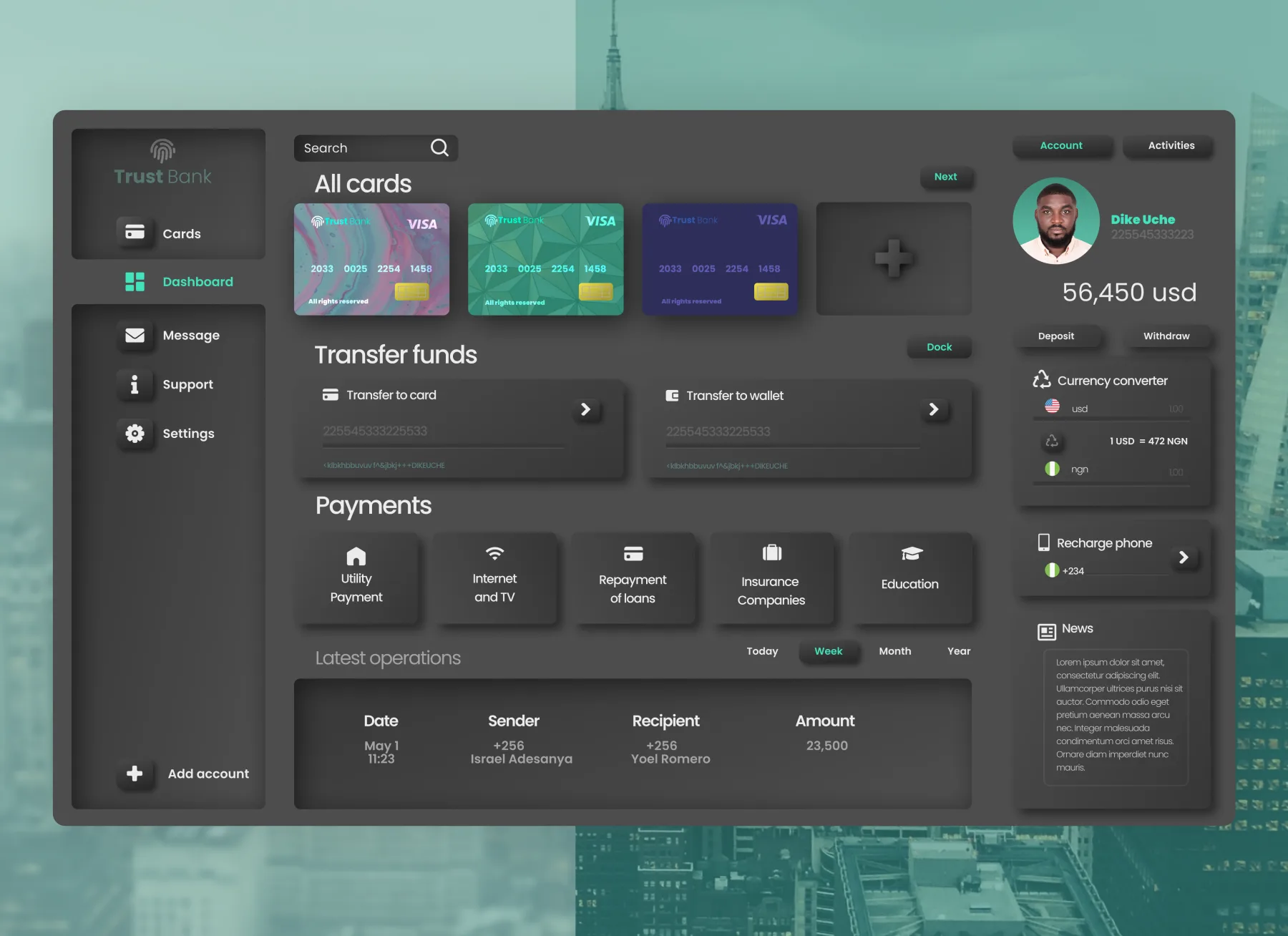 Trust Bank dashboard home: cards, transfer funds, payments and latest operations