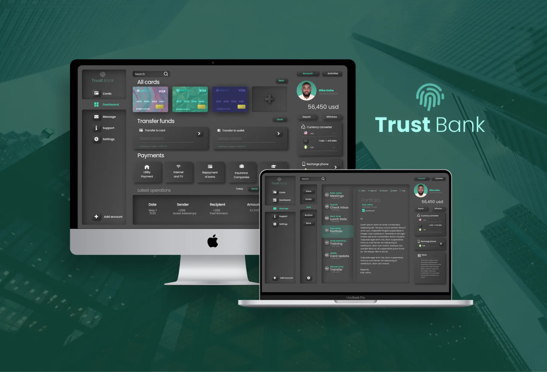 Trust Bank dashboard on desktop and laptop with brand logo