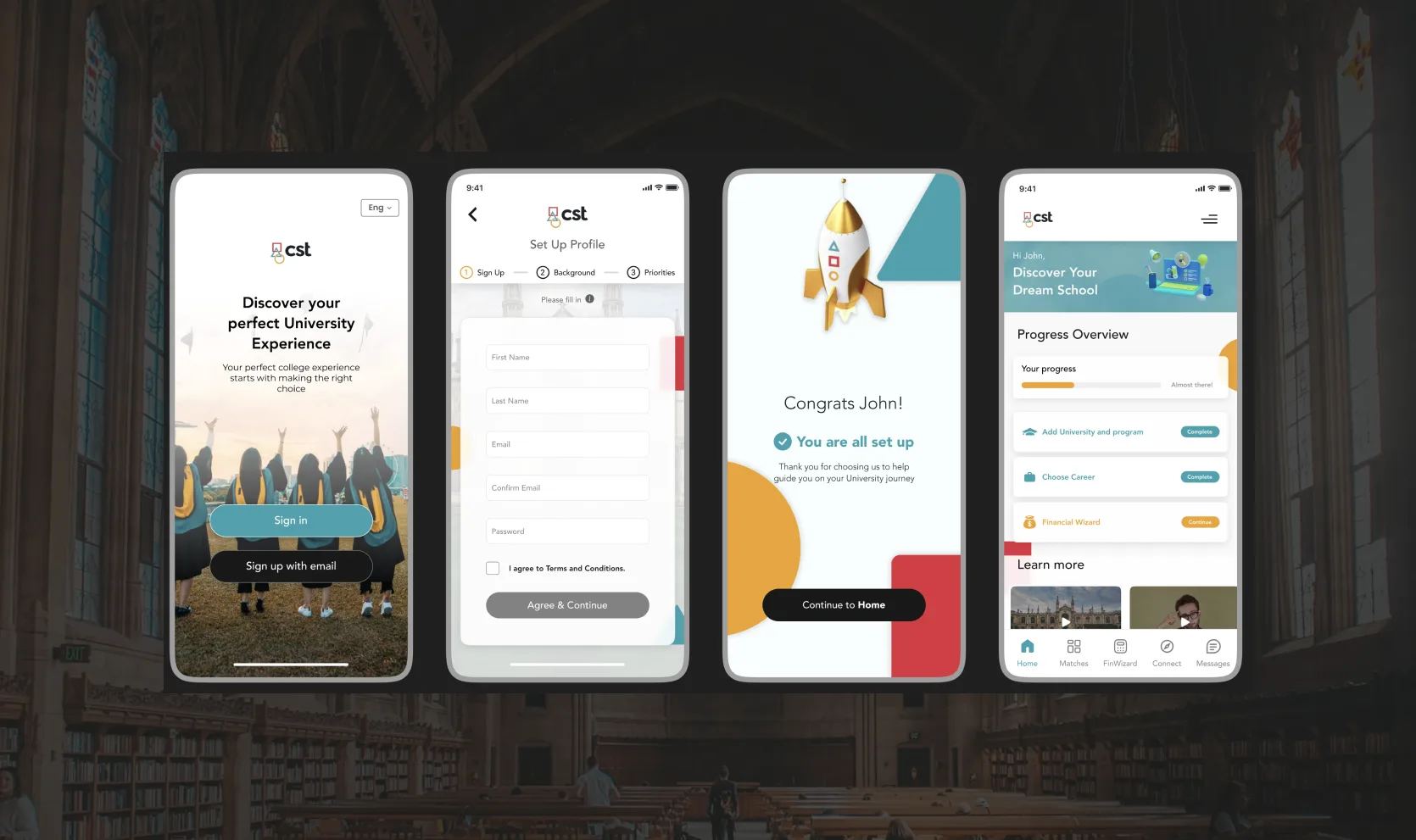 Four CST app screens: sign up, profile setup, completion confirmation, progress overview