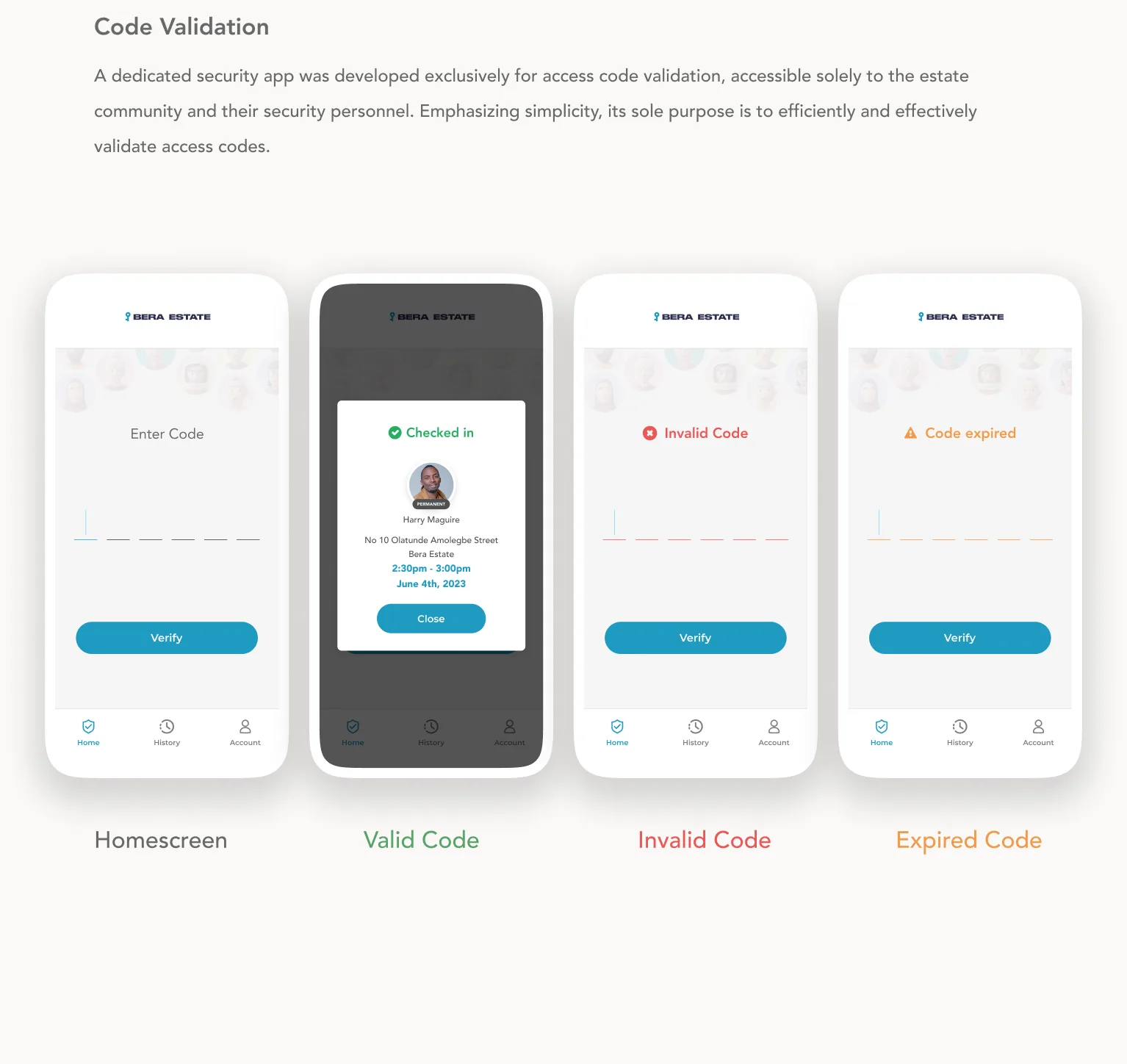 Security app screens: enter code, valid code with guest details, invalid code, expired code