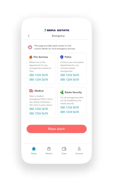 Emergency page with fire, police, medical and estate security contacts and a raise alarm button