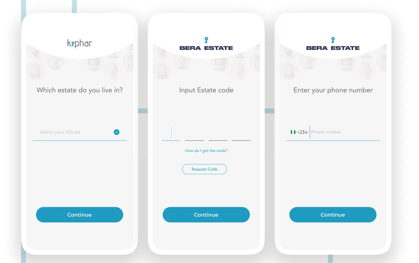 Kiphar onboarding: choose your estate, input estate code, enter phone number