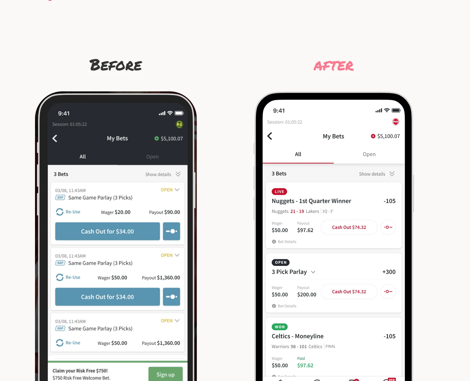 My Bets page in 2021 versus now, with live, open and won bet states